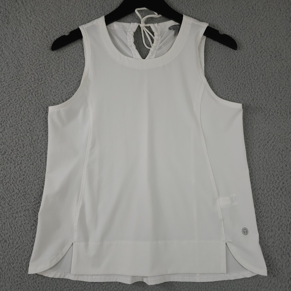 T By Talbots Shirt Womens P Petite White Keyhole Tie Neck Sleeveless Performance